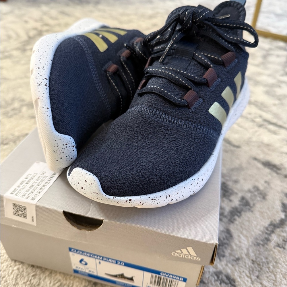 Adidas Navy Sneakers with Gold Stripes-Cloudfoam Pure 2.0